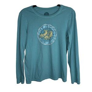 Life Is Good Sz M Teal Long Sleeve Tee‎ With Happy Trails Hiking Boots Graphic